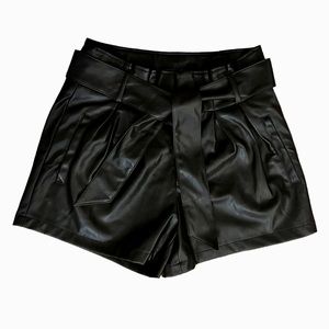 Primark Black Faux Leather Shorts Paper Bag High Waist with Tie Belt